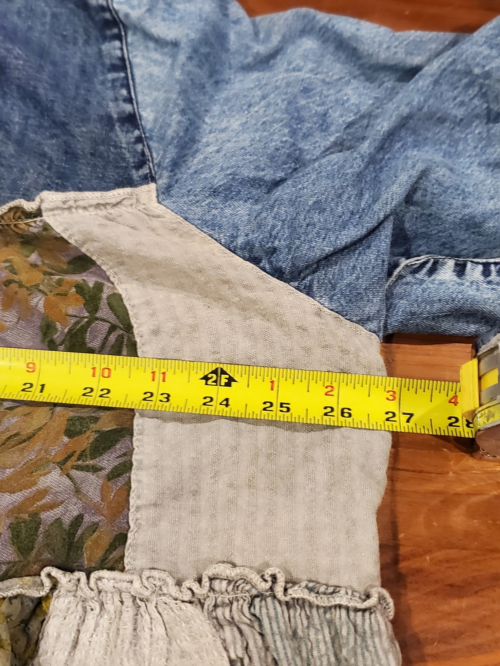 Patchwork Denim Tunic Top Blue Olive Ruffle Western Country Cottagecore Rodeo - Picture 10 of 12